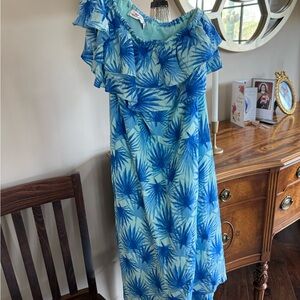 Vineyard Vines Blue Palm-Print One-Shoulder Dress